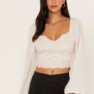 Shaynne Woman’s Embroidered Mesh Dot Poet Sleeve Crop Top